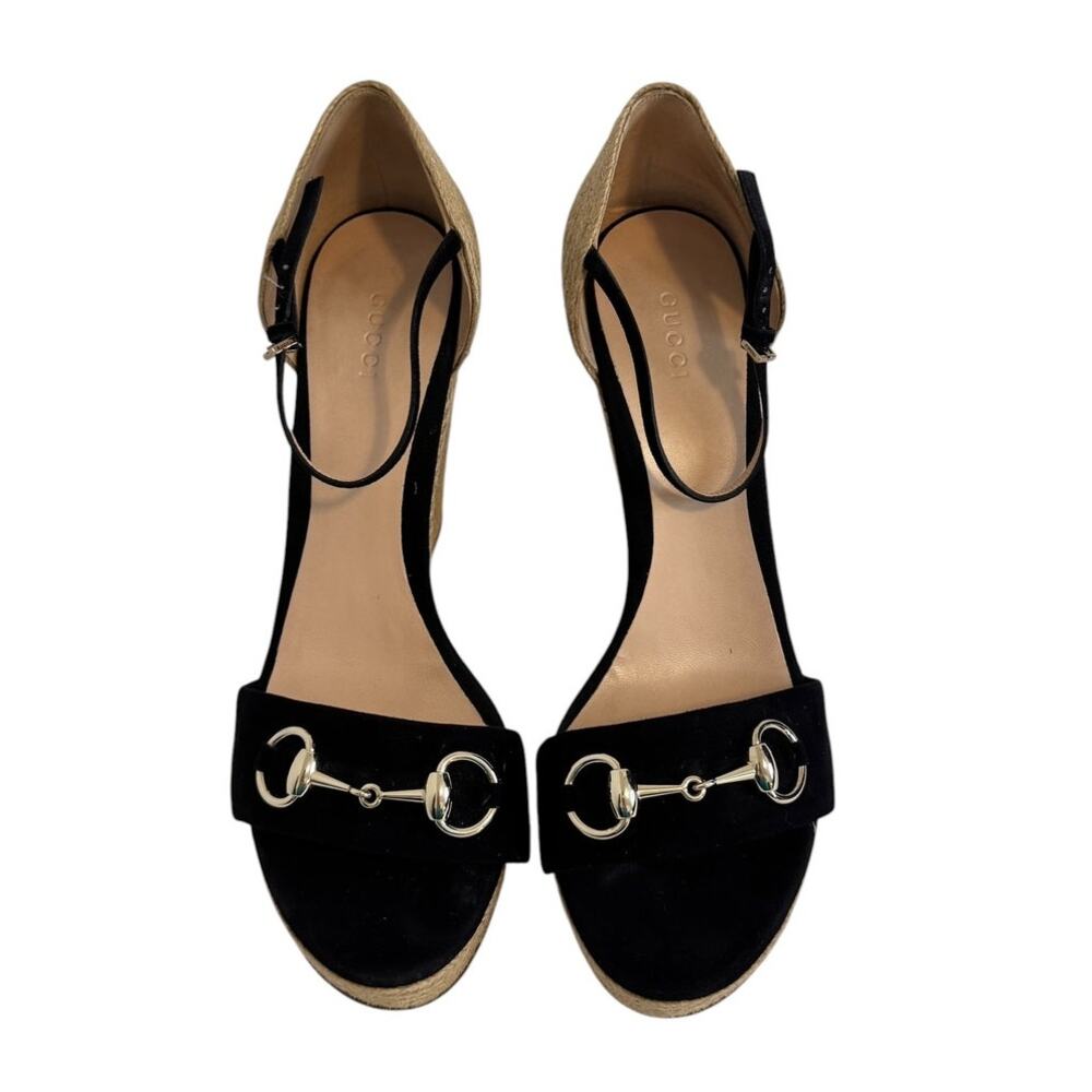 Gucci Horsebit Espadrille Black Suede Wedges Size  41.5 Box & Dust Bags Included - Picture 4 of 16